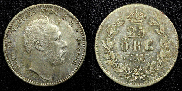 SWEDEN Oscar I Silver 1856 S.T. 25 Ore XF KM# 684 (22 553)