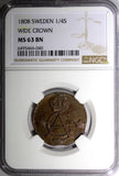 SWEDEN Copper Gustav IV Adolf 1808 1/4 Skilling NGC MS63 TOP GRADED KM# 564 (40)