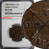 SWEDEN Copper Gustav IV Adolf 1808 1/4 Skilling NGC MS62 TOP GRADED KM# 564 (01)