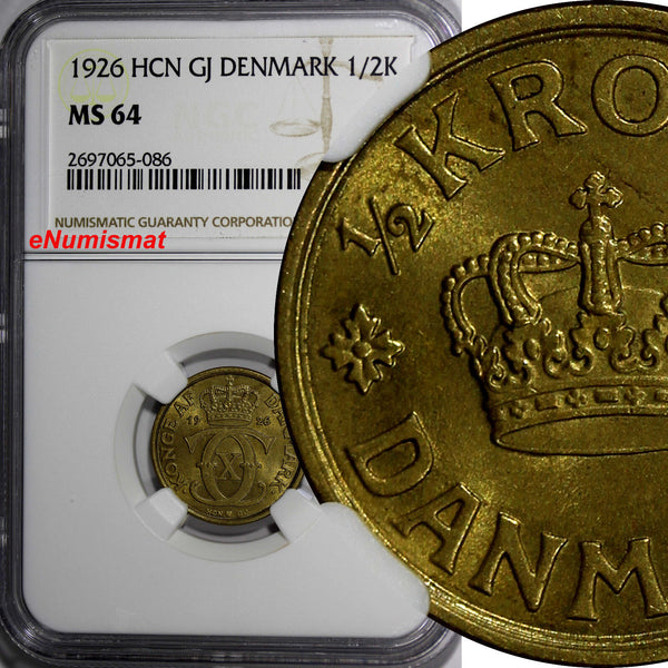 Denmark Christian X 1926 HCN GJ  1/2 Krone NGC MS64  KEY DATE KM# 831.1 (086)