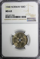 Norway Haakon VII Copper-Nickel 1948 50 Ore NGC MS63 KM# 386