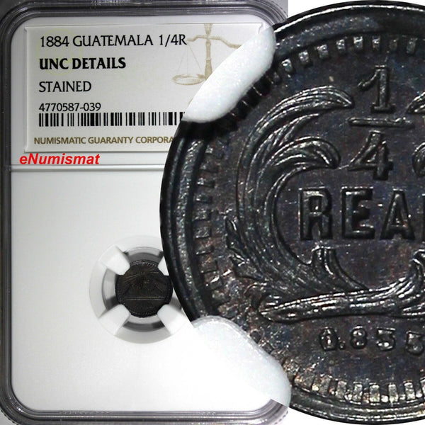 GUATEMALA Silver 1884 1/4 Real NGC UNC DETAILS Low Mintage-100,000 KM# 151 (39)