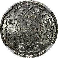 Tunisia  Silver AH1358 // 1939 5 Francs NGC MS63 Mint Luster KM# 264 (046)