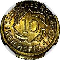Germany-Weimar Republic 1936 A 10 Reichspfennig NGC MINT ERROR MS64 KM# 40