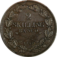 Sweden Carl XIV Johan Copper 1840 2 Skilling Mintage-69,000 KM# 643 (18 454)