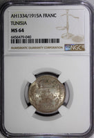 Tunisia Muhammad V Silver AH1334 (1915) A 1 Franc NGC MS64 GEM BU KM# 238 (040)