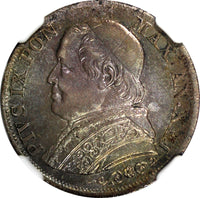 Italy PAPAL STATES Pius IX Silver 1867 XXI R 1 Lira NGC AU58 Toned KM# 1378 (5)