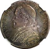 Italy PAPAL STATES Pius IX Silver 1867 XXI R 1 Lira NGC AU58 Toned KM# 1378 (5)
