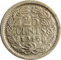 Netherlands Wilhelmina I Silver 1916 25 Cents 19mm KM# 146 (6497)
