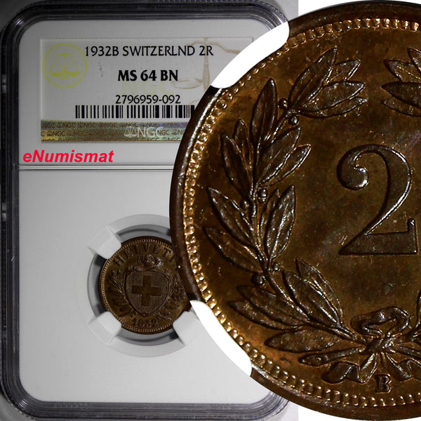 Switzerland Bronze 1932B 2 Rappen NGC MS64 BN FIRST YEAR FOR THE TYPE KM4.2a (2)