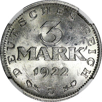 Germany,Weimar Republic 1922 J 3 Mark NGC MS62 LEGEND AROUND EAGLE KM# 29 (030)