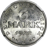 Germany,Weimar Republic 1922 J 3 Mark NGC MS62 LEGEND AROUND EAGLE KM# 29 (030)