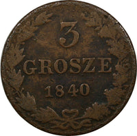 Poland Russia Nicholas I Copper 1840 MW 3 Grosze Mintage-117,815 C# 110.2