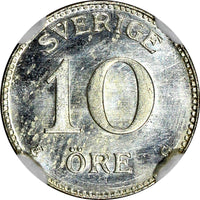 SWEDEN Gustaf V Silver 1942-G 10 Ore NGC MS64 3 Small Crowns WWII Issue KM# 780