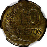 PERU Brass 1946 10 Centavos NGC MS62 Toned TOP GRADED BY NGC KM# 224.1 (037)