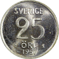 Sweden Gustaf VI Silver 1957 TS 25 Öre GEM BU COIN KM# 824 (22 022)