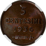 San Marino Bronze 1936-R 5 Centesimi NGC MS64 BN Mintage-400,000 KM# 12