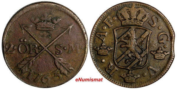 Sweden Adolf Frederick Copper 1763 2 Ore,S.M.Low Mintage-401,000 KM# 461 (615)