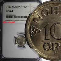 Norway Haakon VII 1957 10 Ore NGC MS64 LAST DATE TYPE TOP GRADED KM# 396 (011)