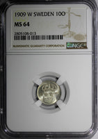 Sweden Gustaf V (1908-1950) Silver 1909-W 10 Ore NGC MS64  KM# 780