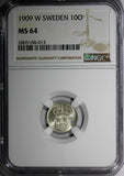 Sweden Gustaf V (1908-1950) Silver 1909-W 10 Ore NGC MS64  KM# 780