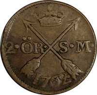 SWEDEN Adolf Frederick Copper 1762 S.M. 2 Ore SCARCE KM# 461(15 684)