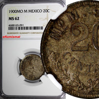 Mexico SECOND REPUBLIC Silver 1900 MO M 20 Centavos NGC MS62 Toned KM# 405.2(1)