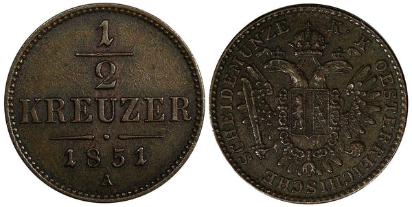 Austria Franz Joseph I Copper 1851 A 1/2 Kreuzer Vienna Mint KM# 2181 (20 500)