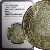 SWEDEN Silver 1932 G 2 Kronor NGC MS64 Death of Gustaf II Adolf BU KM# 805 (024)