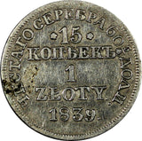 POLAND RUSSIA Nicholas I Silver 1839 MW 1 Zloty 15 Kopecks LARGE CROWN C#129/055