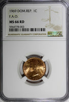 Dominican Republic Bronze 1969 1 Centavo NGC 66 RD F.A.O. RED TONING KM# 32 (03)