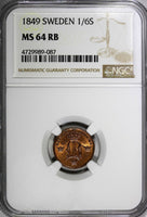 SWEDEN Oscar I Copper 1849 1/6 Skilling Mintage-536,544 NGC MS64 RB KM# 656 (87)