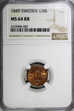 SWEDEN Oscar I Copper 1849 1/6 Skilling Mintage-536,544 NGC MS64 RB KM# 656 (87)