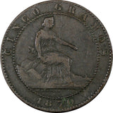 SPAIN Provisional Government Copper 1870 OM 5 Centimos KM#662 (21 154)