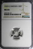 SWEDEN Gustaf V Silver 1929 G 10 Ore NGC MS64 KM# 780 (157)