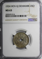 Denmark Christian X 1924 HCN; GJ  25 Ore NGC MS63 1st DATE HIGH GRADE  KM# 823.1