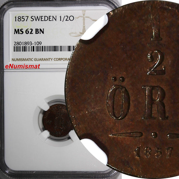 SWEDEN Oscar I Bronze 1857 1/2 Ore NGC MS62 BN BROWN KM# 686 (109)