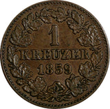 German States NASSAU Adolphe (1839-1866) Copper 1859 1 Kreuzer KM# 74 (012)