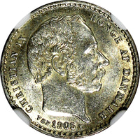 Denmark Christian IX Silver 1905 9/8  VBP 25 Ore NGC AU58 OVERDATE KM# 796.2 (9)