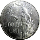 ROMANIA  Mihai I  Silver 1946  100 000 Lei  aUNC  25g  37mm  KM# 71