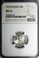 FRANCE Silver 1918 50 Centimes NGC MS63 NICE TONED KM# 854 (039)