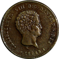 Denmark Christian VIII Copper 1842 FF 1/5 Rigsbankskilling XF KM# 724