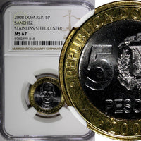 Dominican Republic Sánchez 2008 5 Pesos Magnetic NGC MS67 GEM BU  KM# 89 (018)