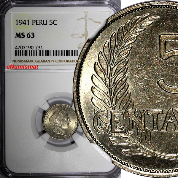 Peru 1941 5 Centavos NGC MS63 LAST YEAR TOP GRADED BY NGC KM# 213.2 (231)