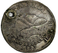 BOLIVIA Silver Proclamations 1853 2 soles Mint building / Mountains Burnett-55C