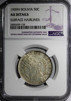 Bolivia Silver 1909-H 50 Centavos,1/2 Boliviano NGC AU DETAILS 1 YEAR TYPE KM177