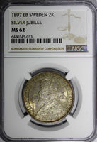 SWEDEN Silver Jubilee Oscar II 1897 EB 2 Kronor NGC MS62 NICE TONED KM# 762 (33)