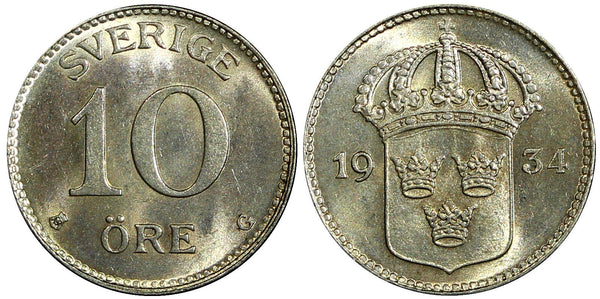 SWEDEN Gustaf V Silver 1934 G 10 Öre UNC TONED KM# 780 (21 904)