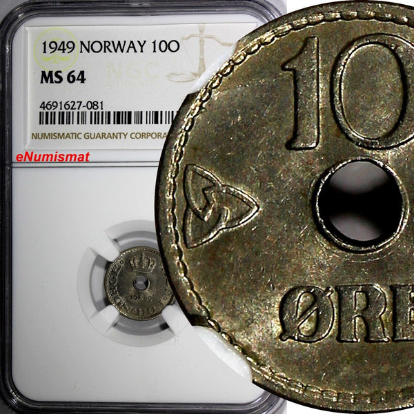 Norway Haakon VII Copper-Nickel 1949 10 Ore NGC MS64 KM# 383 (081)