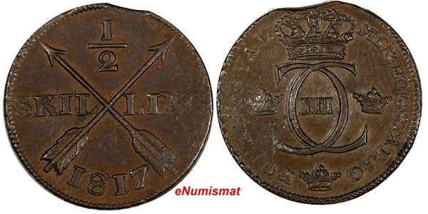 Sweden Carl XIII Copper 1817 1/2 Skilling Better Date RARE XF KM# 590 (17 168)